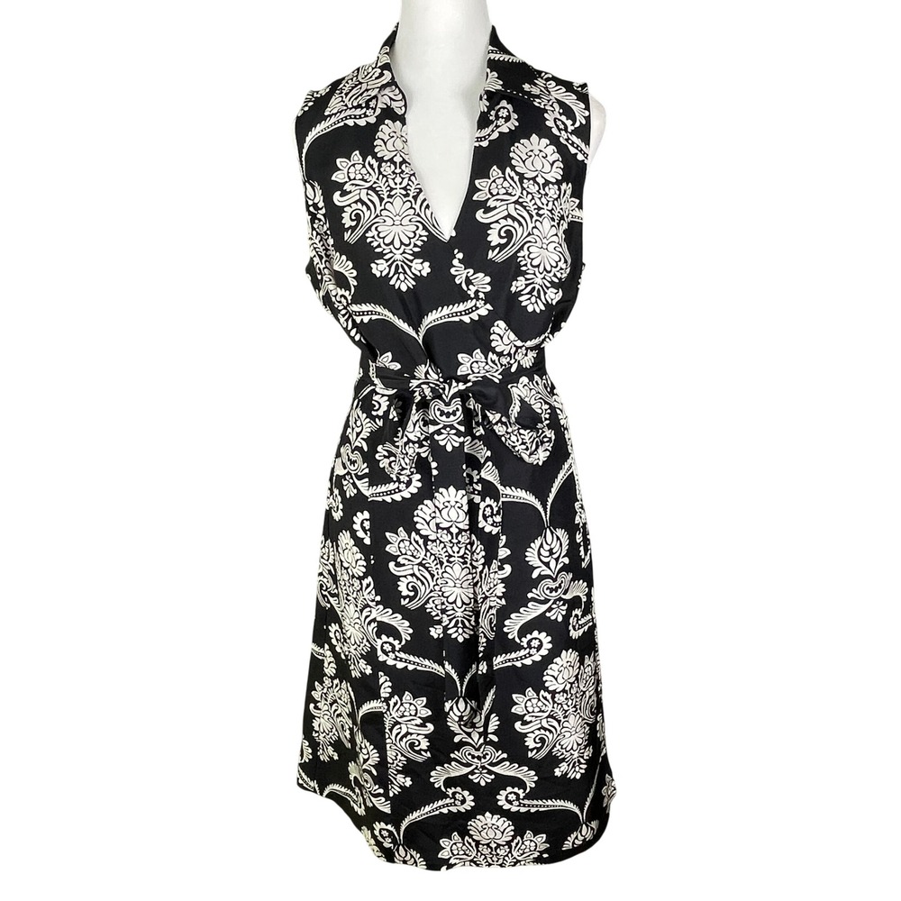 Ann Taylor Silk Dress Womens 14 Black White Damask Paisley Tie Waist Excellent